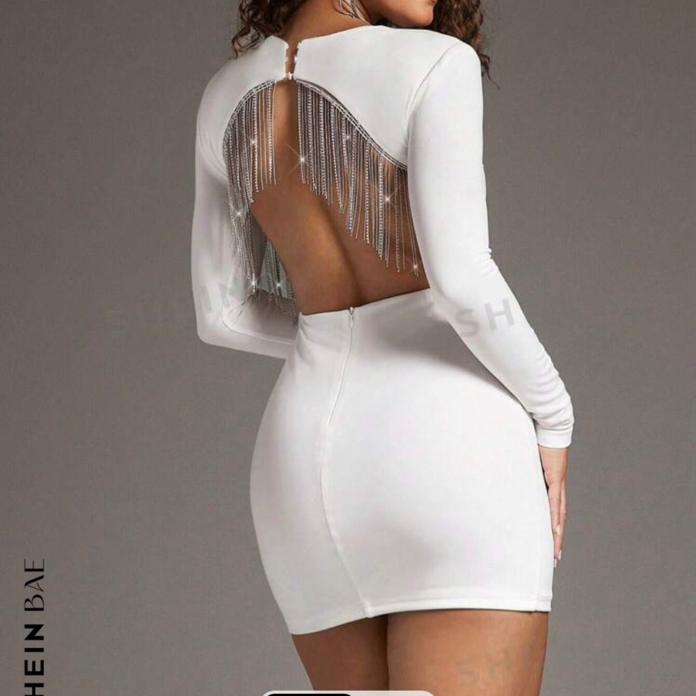 SHEIN BAE Women's Sexy White Round Neck Long Sleeve Hollow Out Back Sheath Dress
